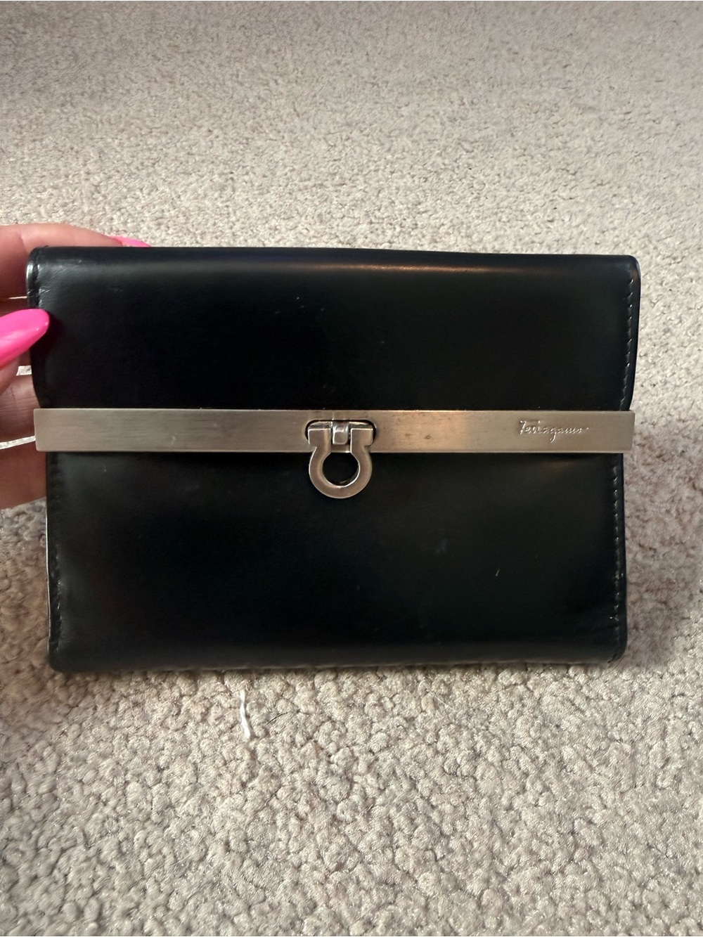 Salvatore Ferragamo Black Leather Wallet with Silver Gancini Accent